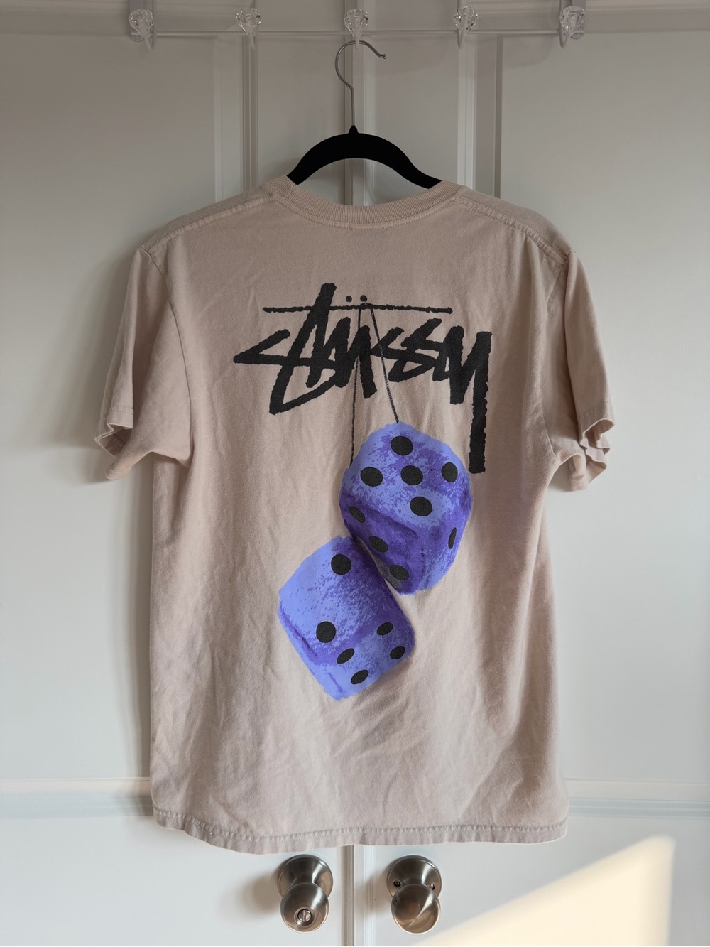 Stussy Beige Short-Sleeve Tee with Purple Dice Graphic